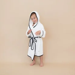 Kyte Baby Hooded Bath Robe in Cloud with Midnight Trim Clearance