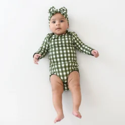 Kyte Baby Long Sleeve Bodysuit in Gingham Fir Discount
