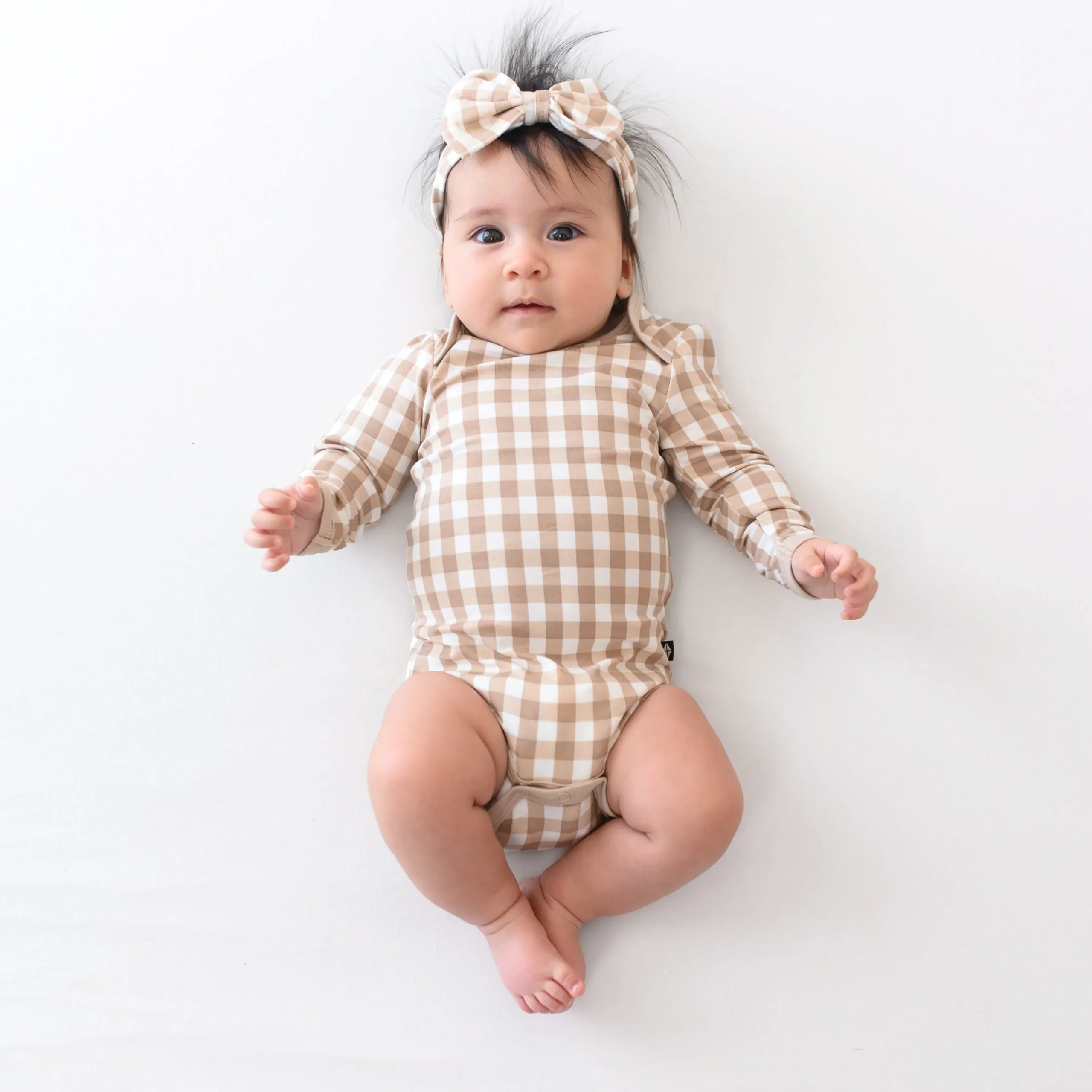 Kyte Baby Long Sleeve Bodysuit in Gingham Bisque Discount