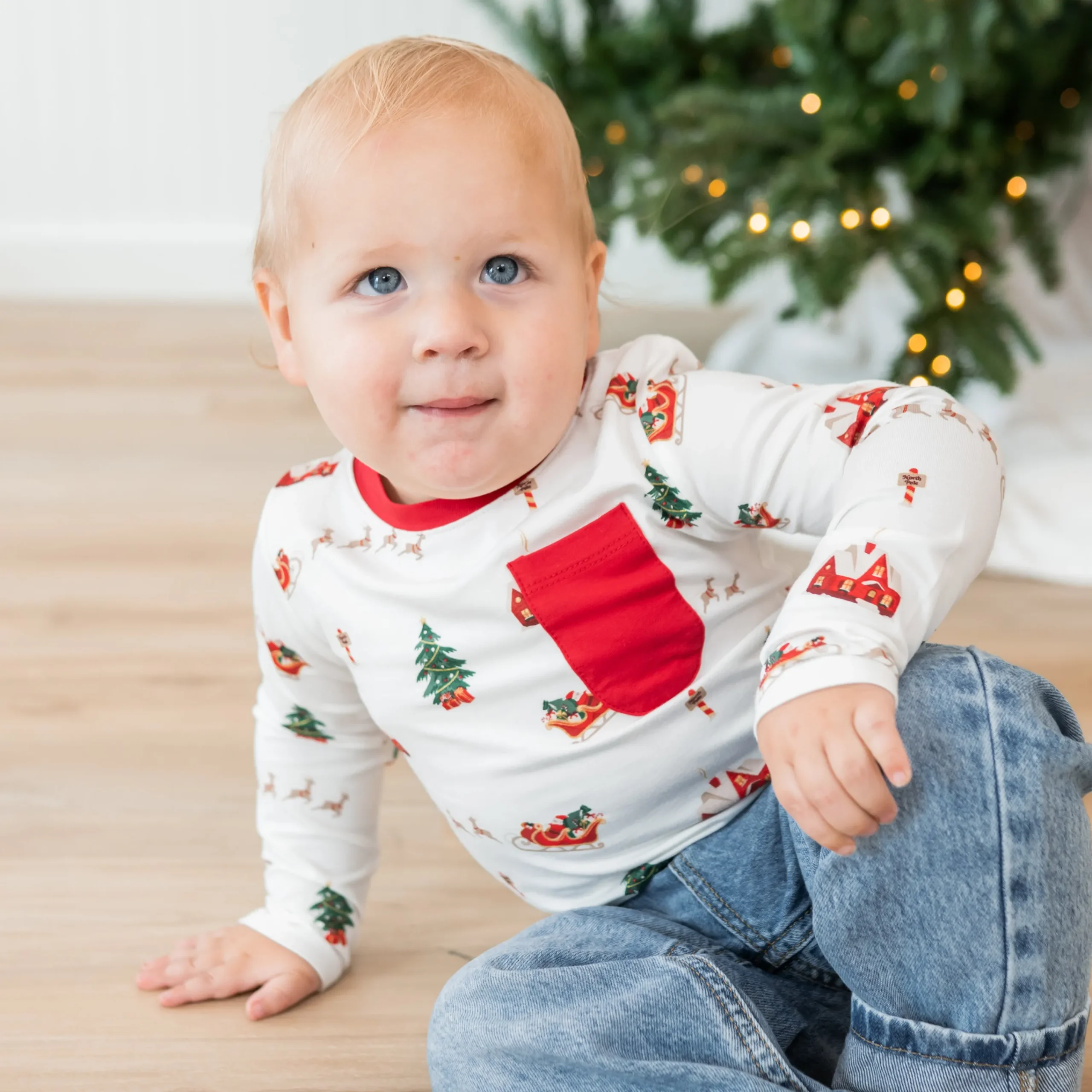 Kyte Baby Long Sleeve Toddler Crew Neck Tee in Santa Sleigh Hot