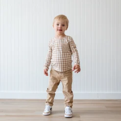 Kyte Baby Long Sleeve Toddler Crew Neck Tee in Gingham Bisque Sale