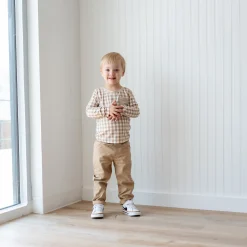 Kyte Baby Long Sleeve Toddler Crew Neck Tee in Gingham Bisque Sale