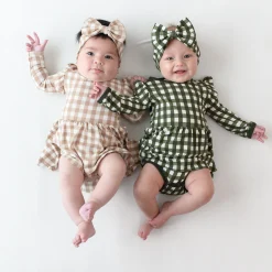 Kyte Baby Long Sleeve Twirl Bodysuit Dress in Gingham Bisque Outlet