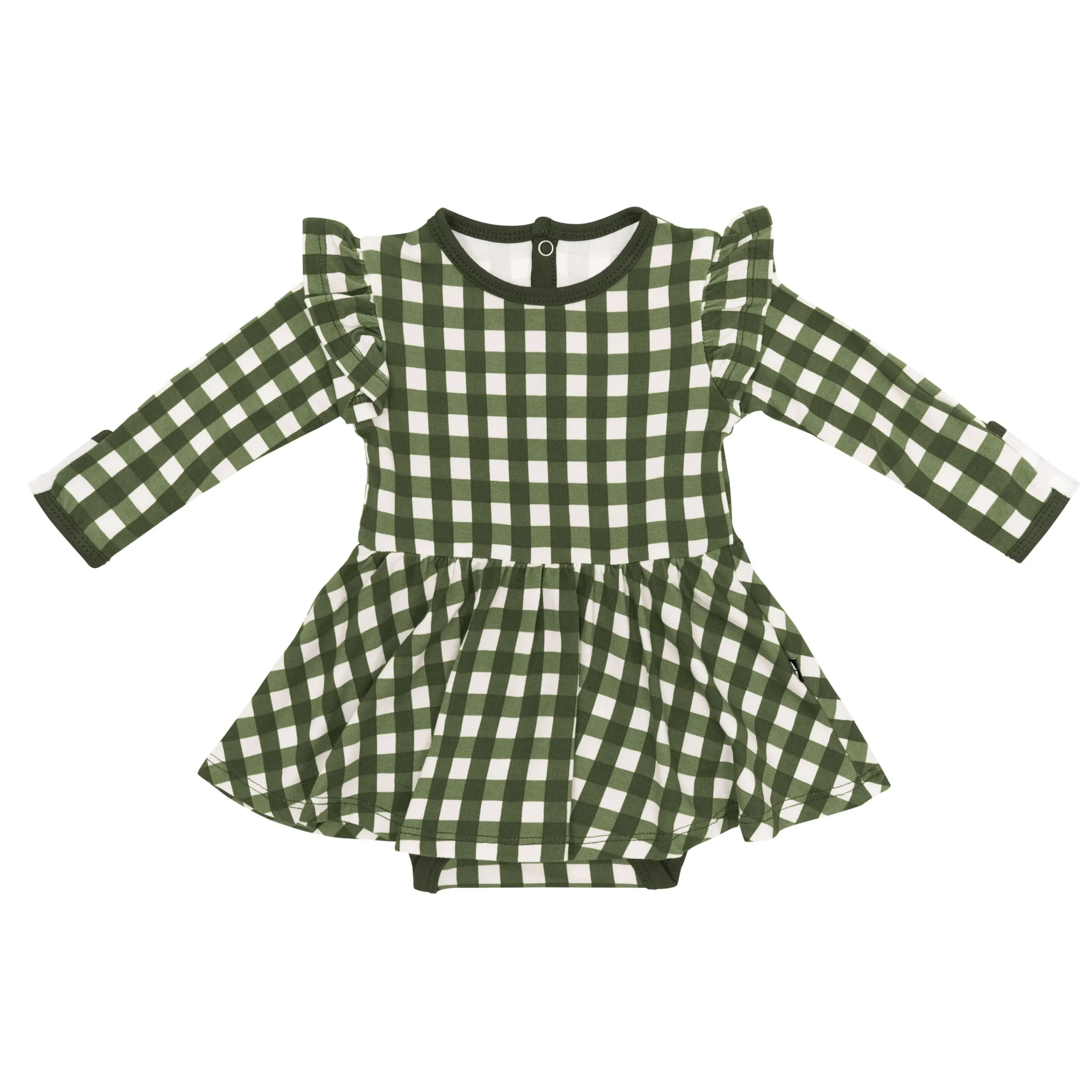 Kyte Baby Long Sleeve Twirl Bodysuit Dress in Gingham Fir Outlet