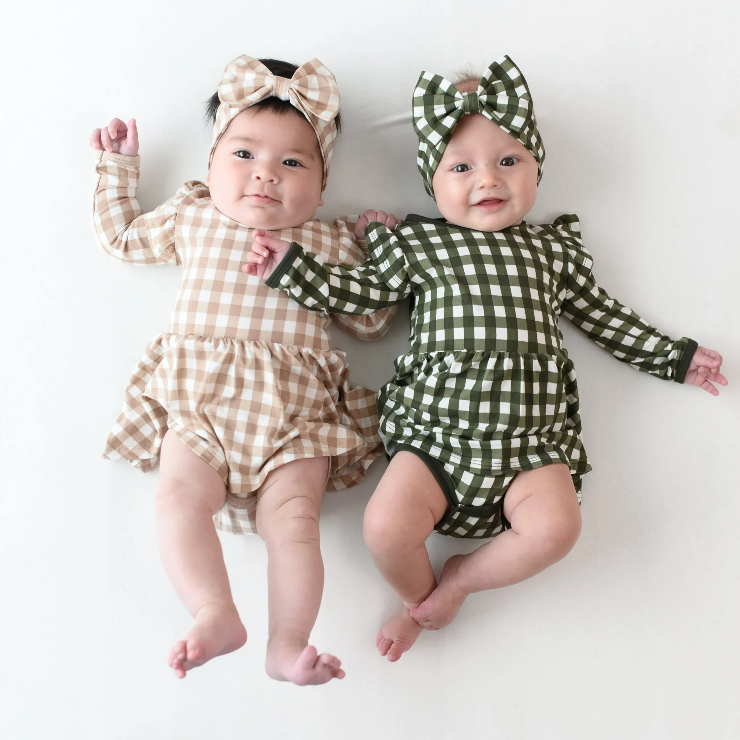 Kyte Baby Long Sleeve Twirl Bodysuit Dress in Gingham Fir Outlet
