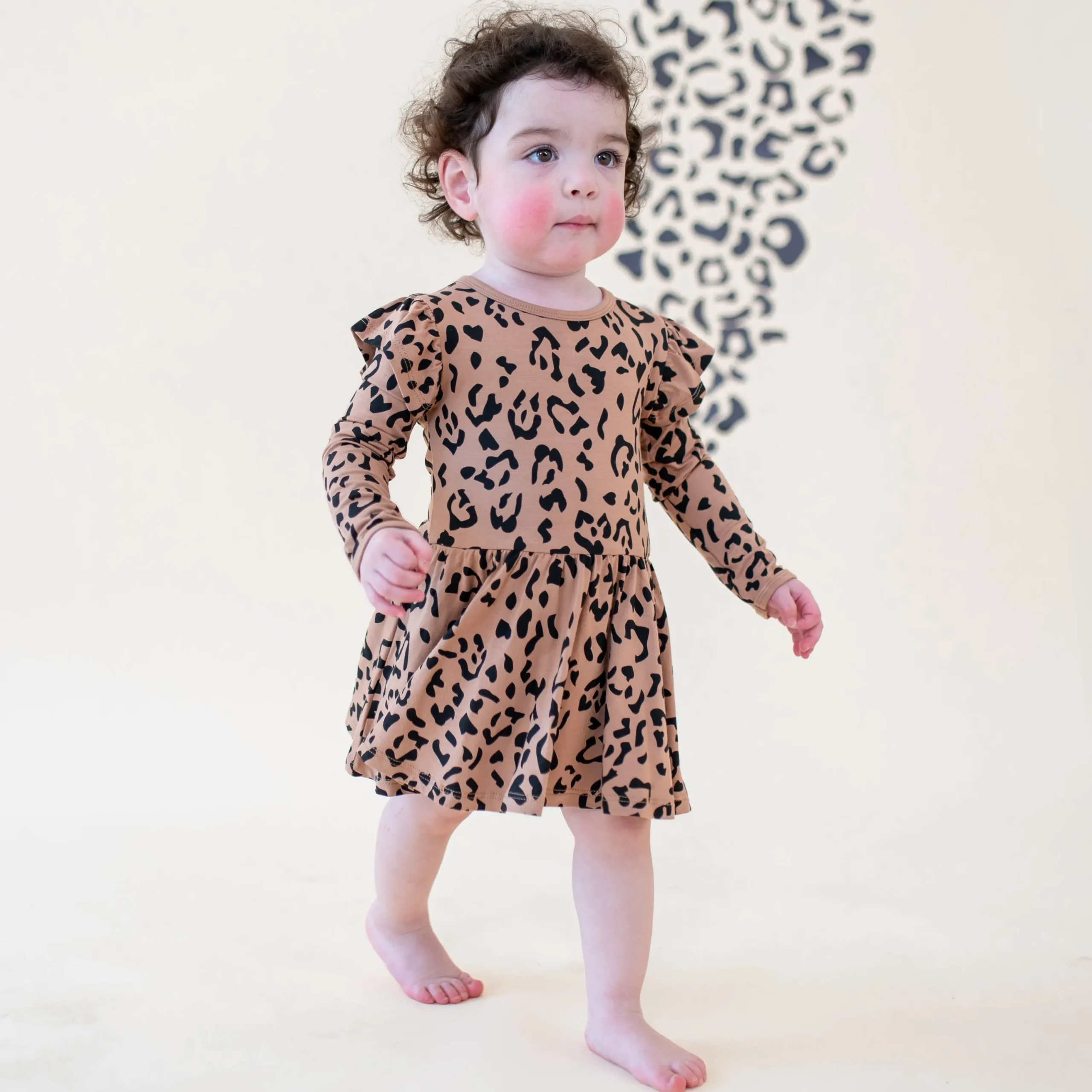 Kyte Baby Long Sleeve Twirl Bodysuit Dress in Latte Leopard Sale