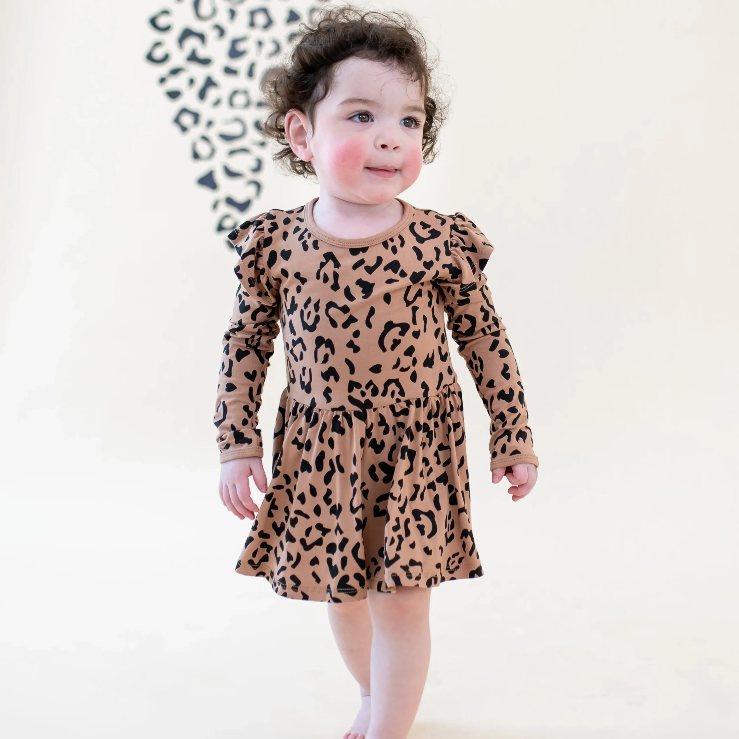 Kyte Baby Long Sleeve Twirl Bodysuit Dress in Latte Leopard Sale