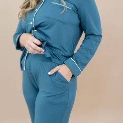 Kyte Baby Long-Sleeved Women's Pajama Set in with Cloud Trim Atlantic Best