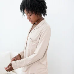 Kyte Baby Long-Sleeved Women's Pajama Set in with Cloud Trim Bisque Outlet