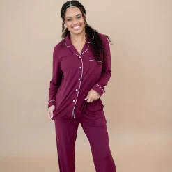 Kyte Baby Long-Sleeved Women's Pajama Set in with Cloud Trim Burgundy Hot