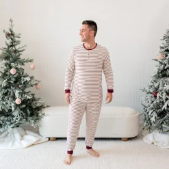 Kyte Baby Men's Ribbed Henley Set in Burgundy Stripe New