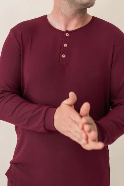 Kyte Baby Men's Ribbed Henley Set in Burgundy Hot
