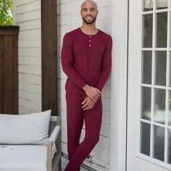 Kyte Baby Men's Ribbed Henley Set in Burgundy Hot