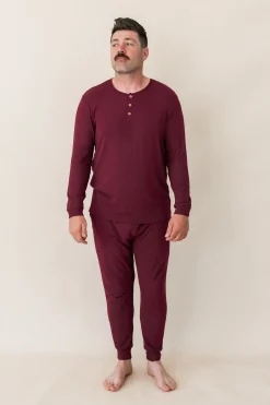Kyte Baby Men's Ribbed Henley Set in Burgundy Hot