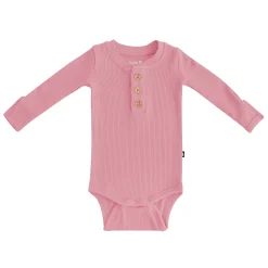 Kyte Baby Ribbed Long Sleeve Henley Bodysuit in Apple Blossom Clearance