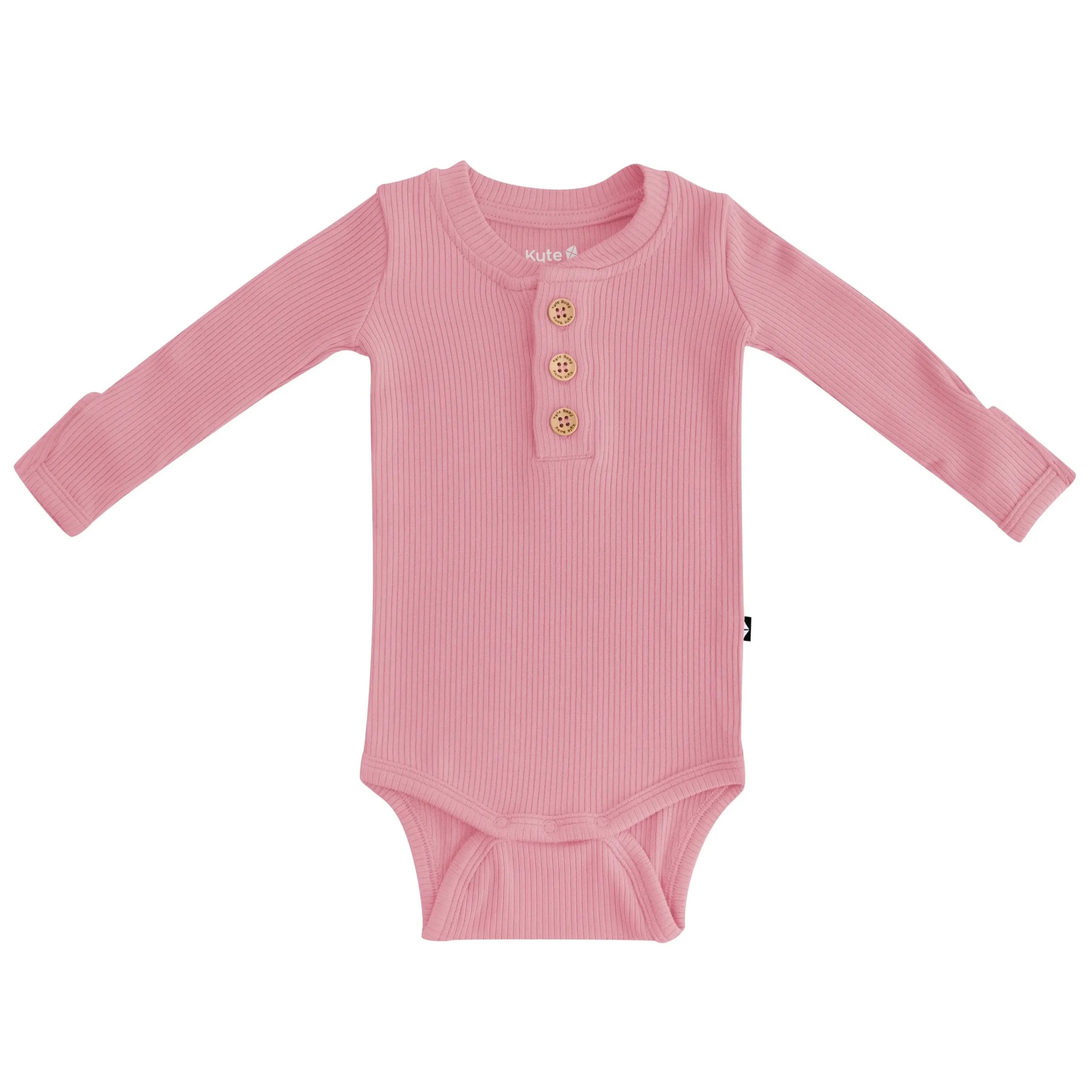 Kyte Baby Ribbed Long Sleeve Henley Bodysuit in Apple Blossom Clearance