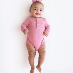 Kyte Baby Ribbed Long Sleeve Henley Bodysuit in Apple Blossom Clearance
