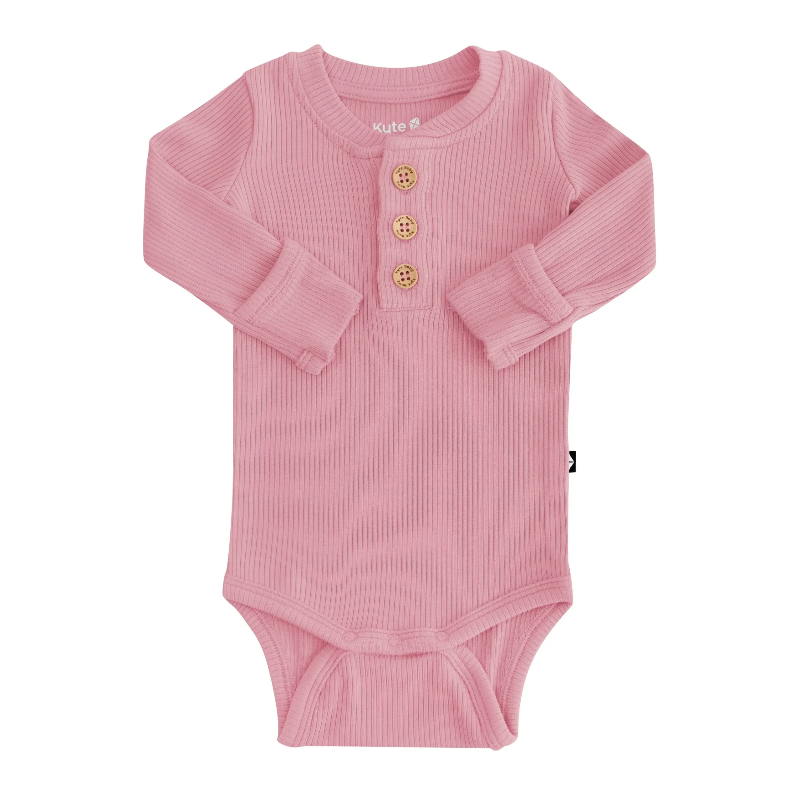 Kyte Baby Ribbed Long Sleeve Henley Bodysuit in Apple Blossom Clearance
