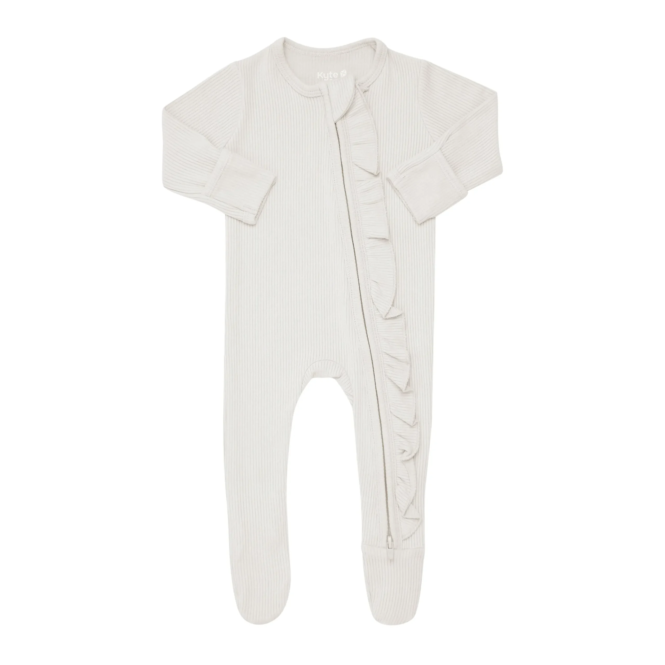Kyte Baby Ribbed Ruffle Zipper Footie in Oat Best