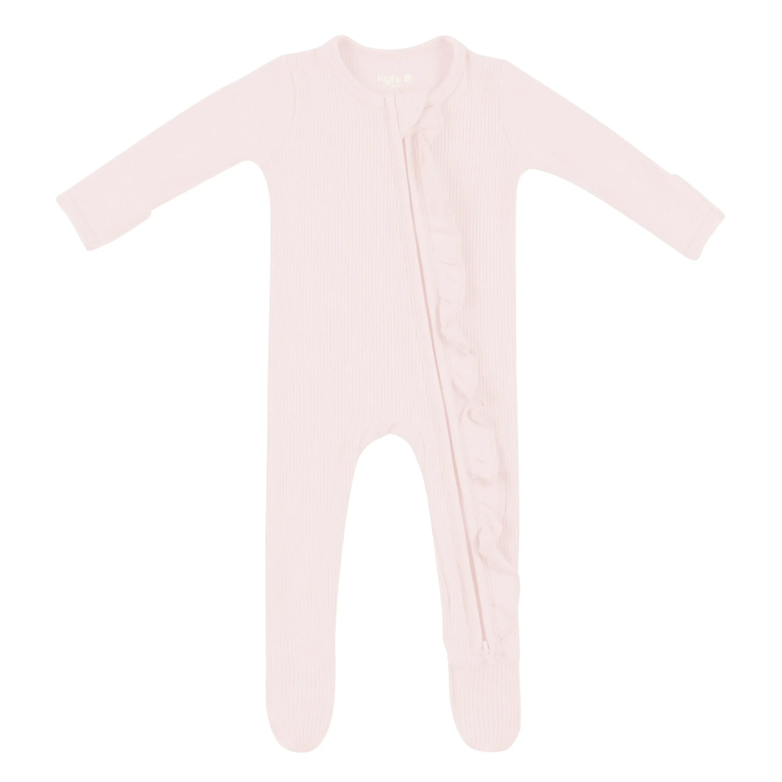 Kyte Baby Ribbed Ruffle Zipper Footie in Blush New