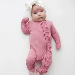Kyte Baby Ribbed Ruffle Zipper Romper in Apple Blossom Online