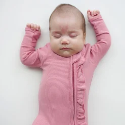 Kyte Baby Ribbed Ruffle Zipper Romper in Apple Blossom Online
