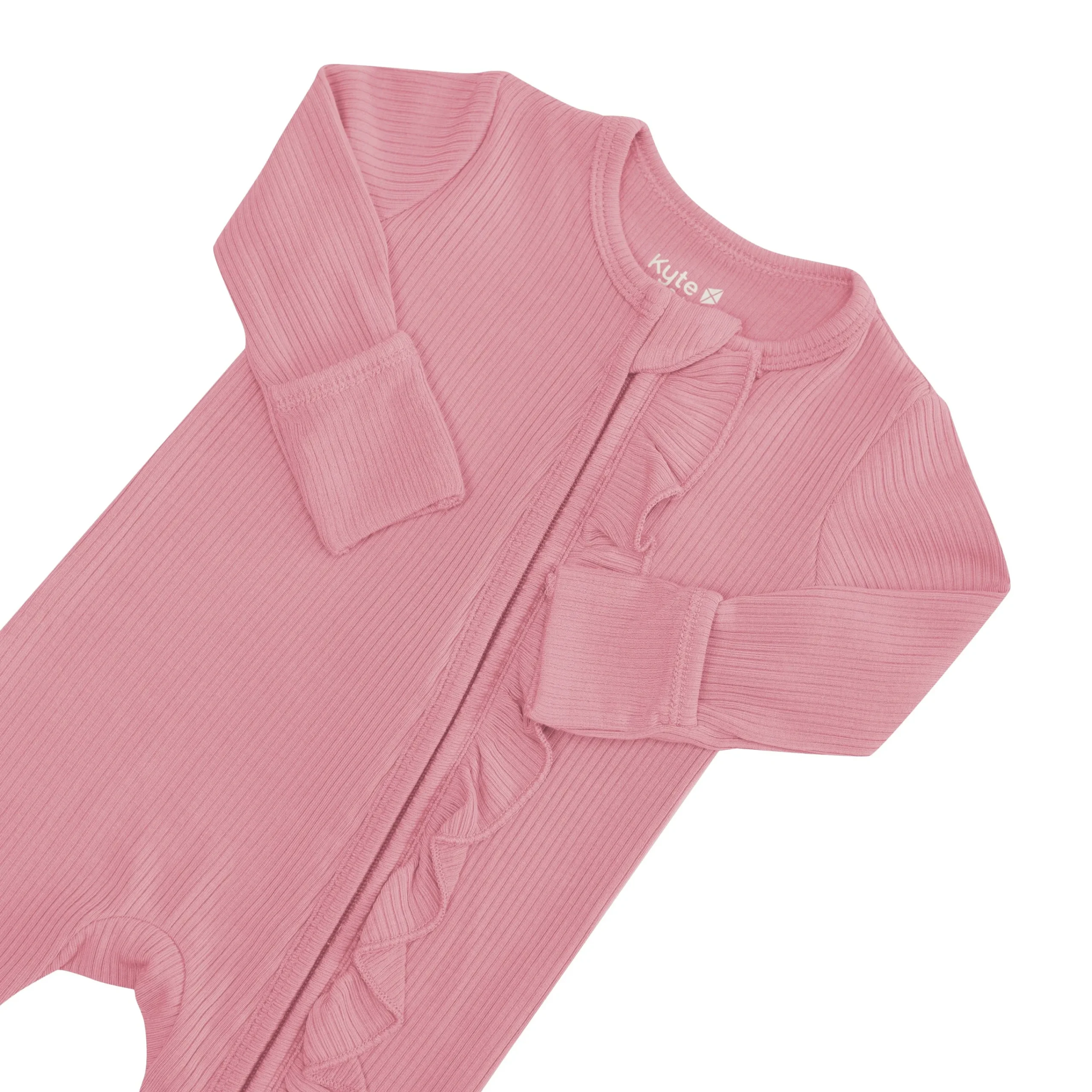 Kyte Baby Ribbed Ruffle Zipper Romper in Apple Blossom Online