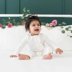 Kyte Baby Ribbed Ruffle Zipper Romper in Cloud Online