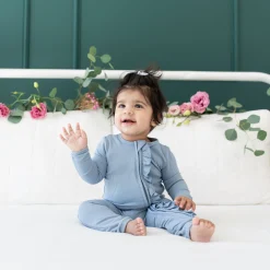 Kyte Baby Ribbed Ruffle Zipper Romper in Slate New