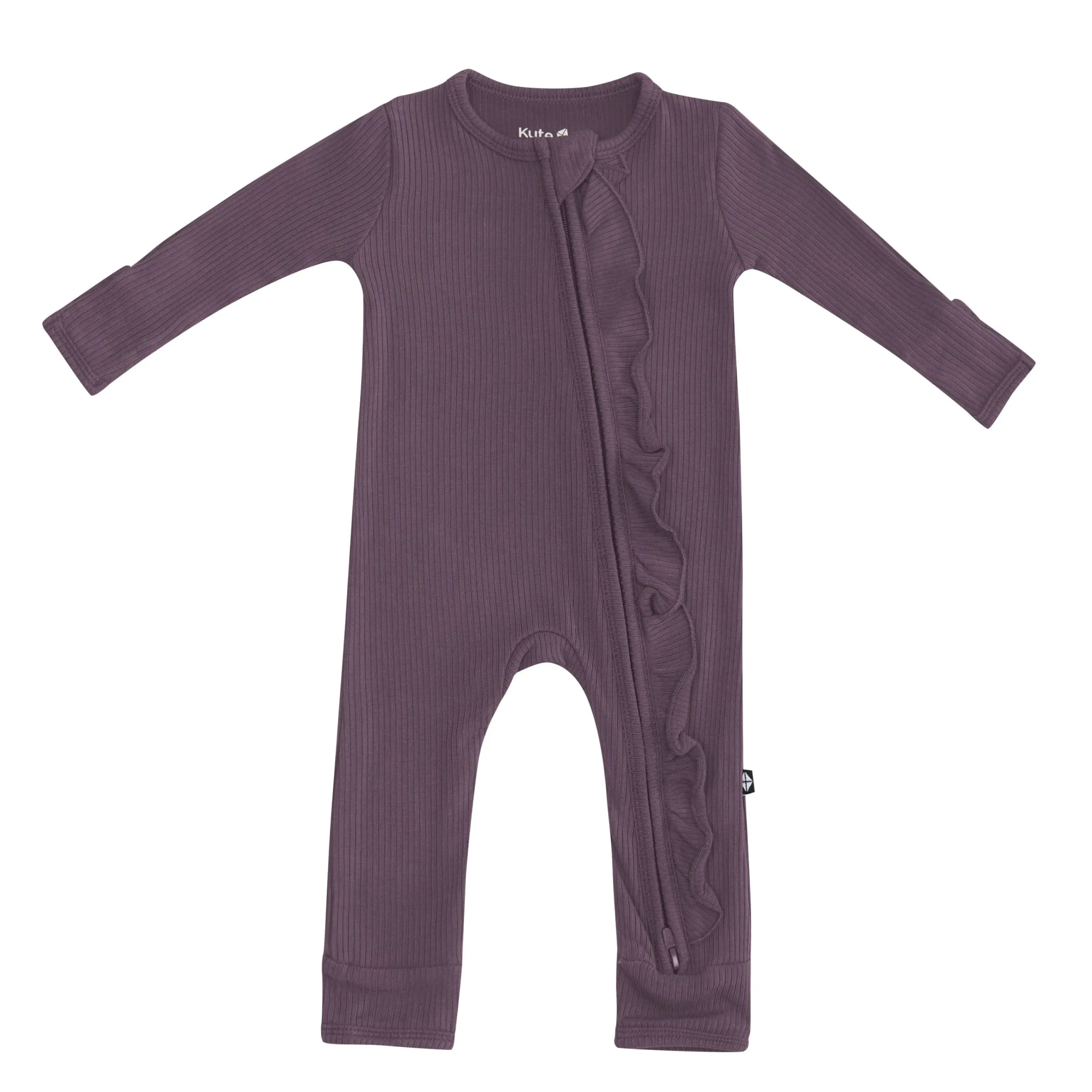 Kyte Baby Ribbed Ruffle Zipper Romper in Currant Clearance