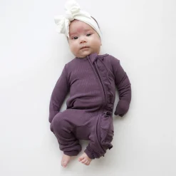 Kyte Baby Ribbed Ruffle Zipper Romper in Currant Clearance