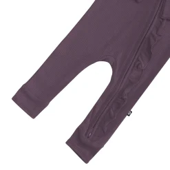 Kyte Baby Ribbed Ruffle Zipper Romper in Currant Clearance