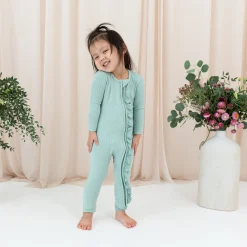 Kyte Baby Ribbed Ruffle Zipper Romper in Sage Outlet