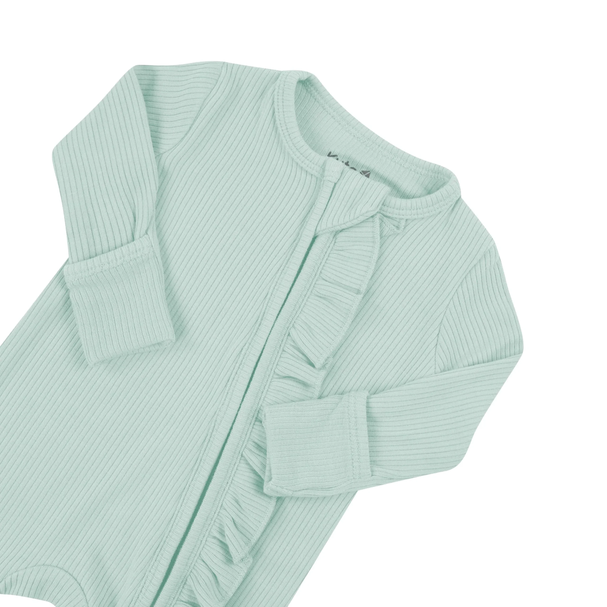 Kyte Baby Ribbed Ruffle Zipper Romper in Sage Outlet