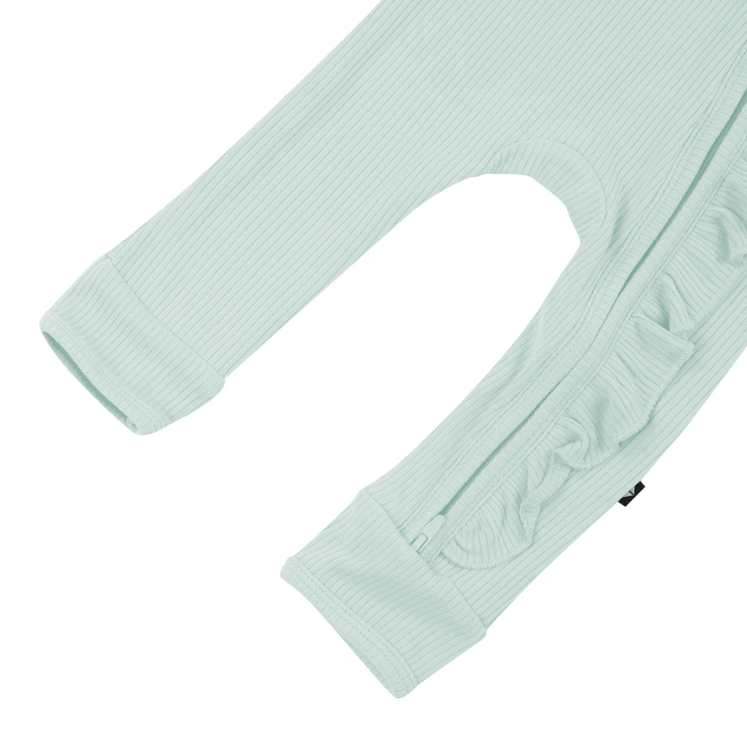 Kyte Baby Ribbed Ruffle Zipper Romper in Sage Outlet