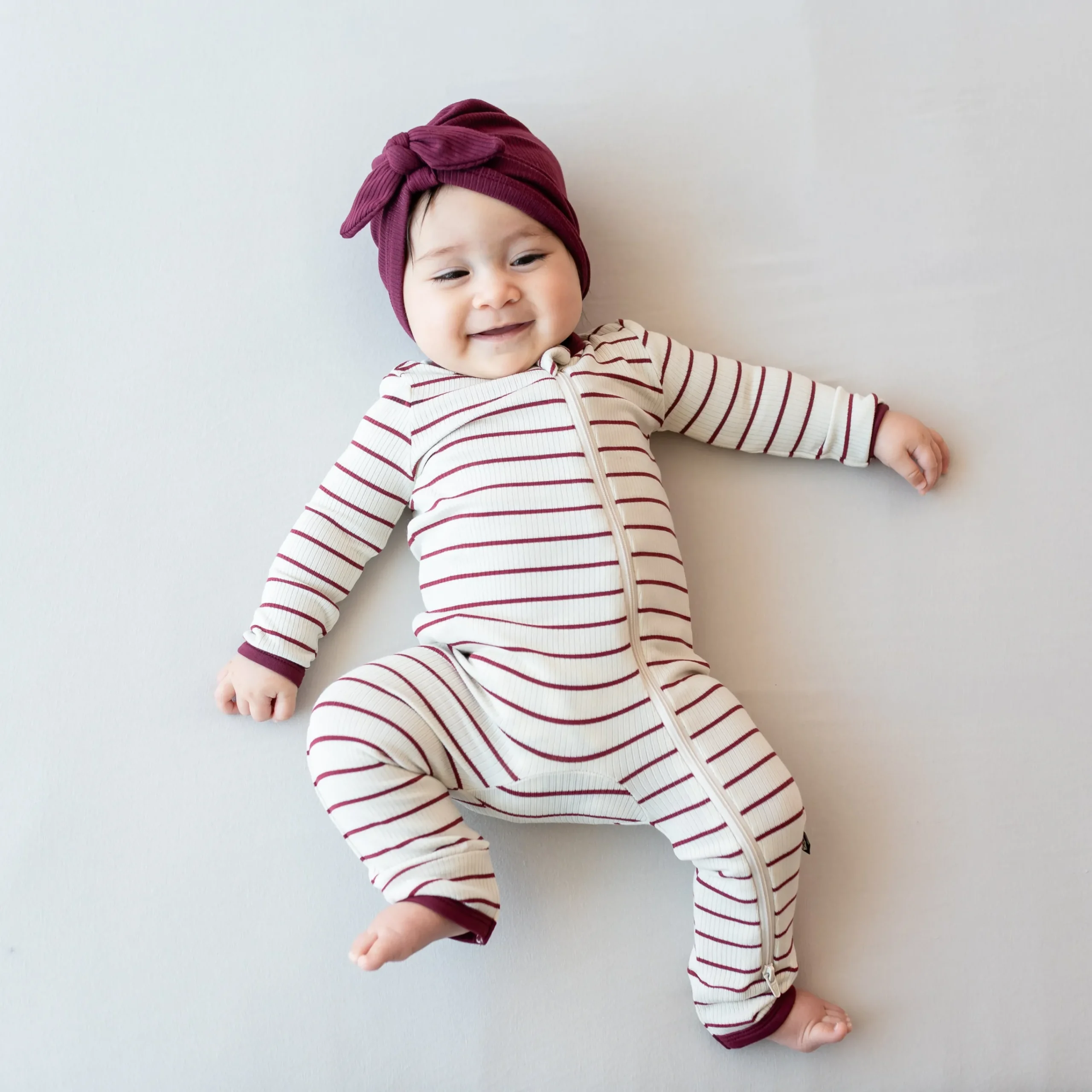 Kyte Baby Ribbed Zipper Romper in Burgundy Stripe Online