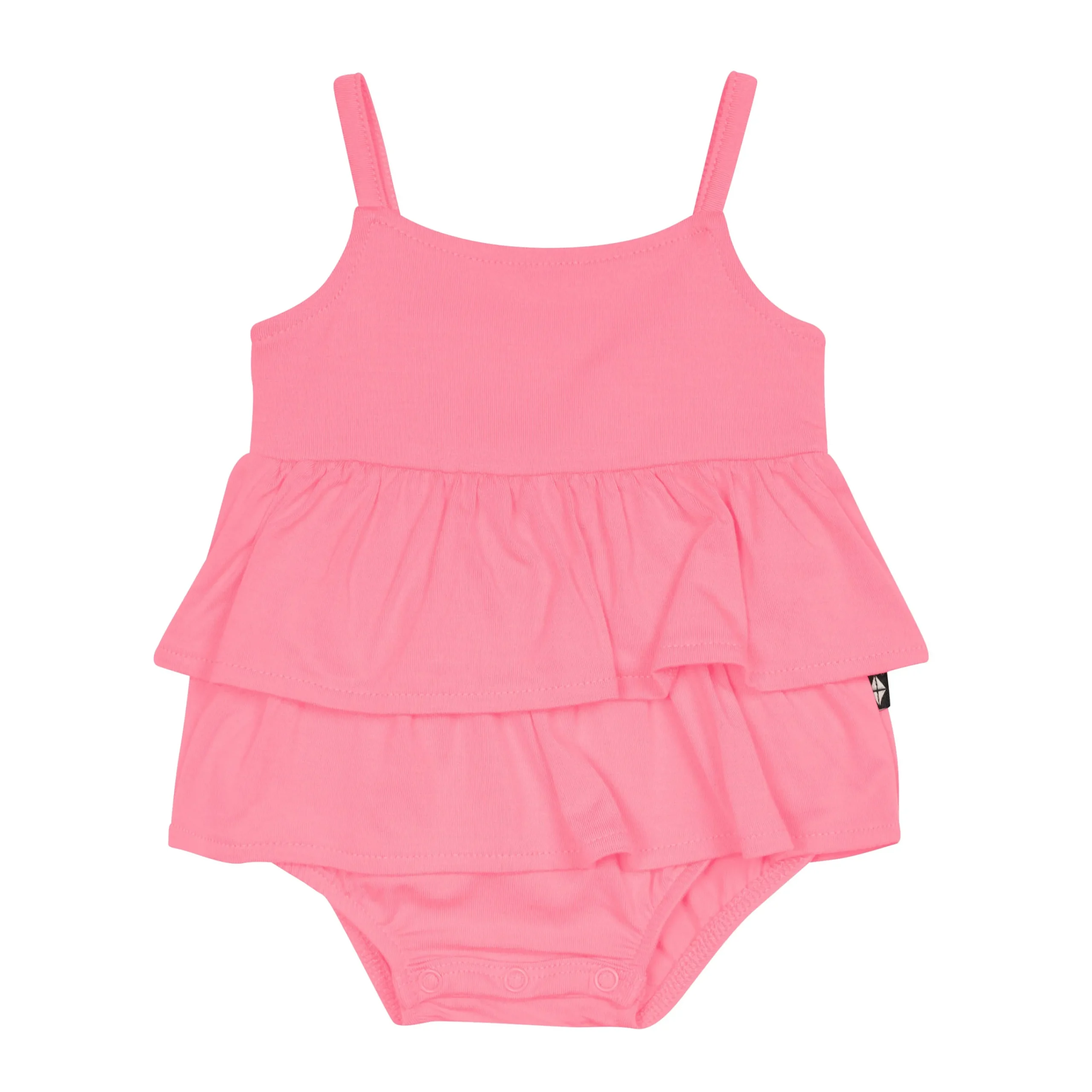 Kyte Baby Spaghetti Strap Ruffle Romper in Guava