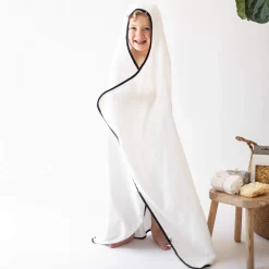 Kyte Baby Toddler Hooded Bath Towel in Cloud with Midnight Trim Clearance