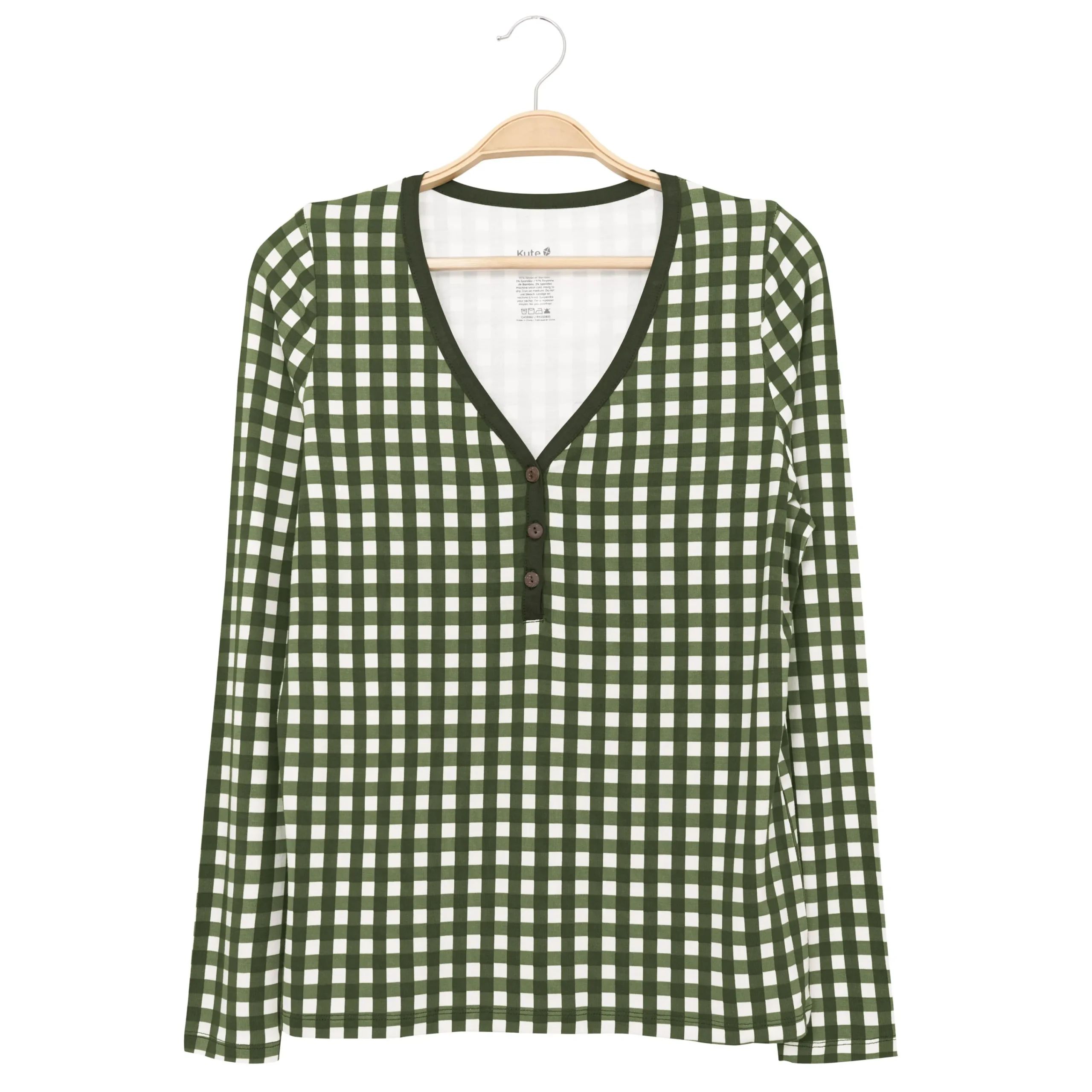 Kyte Baby Women's Long Sleeve Henley Tee in Gingham Fir Hot