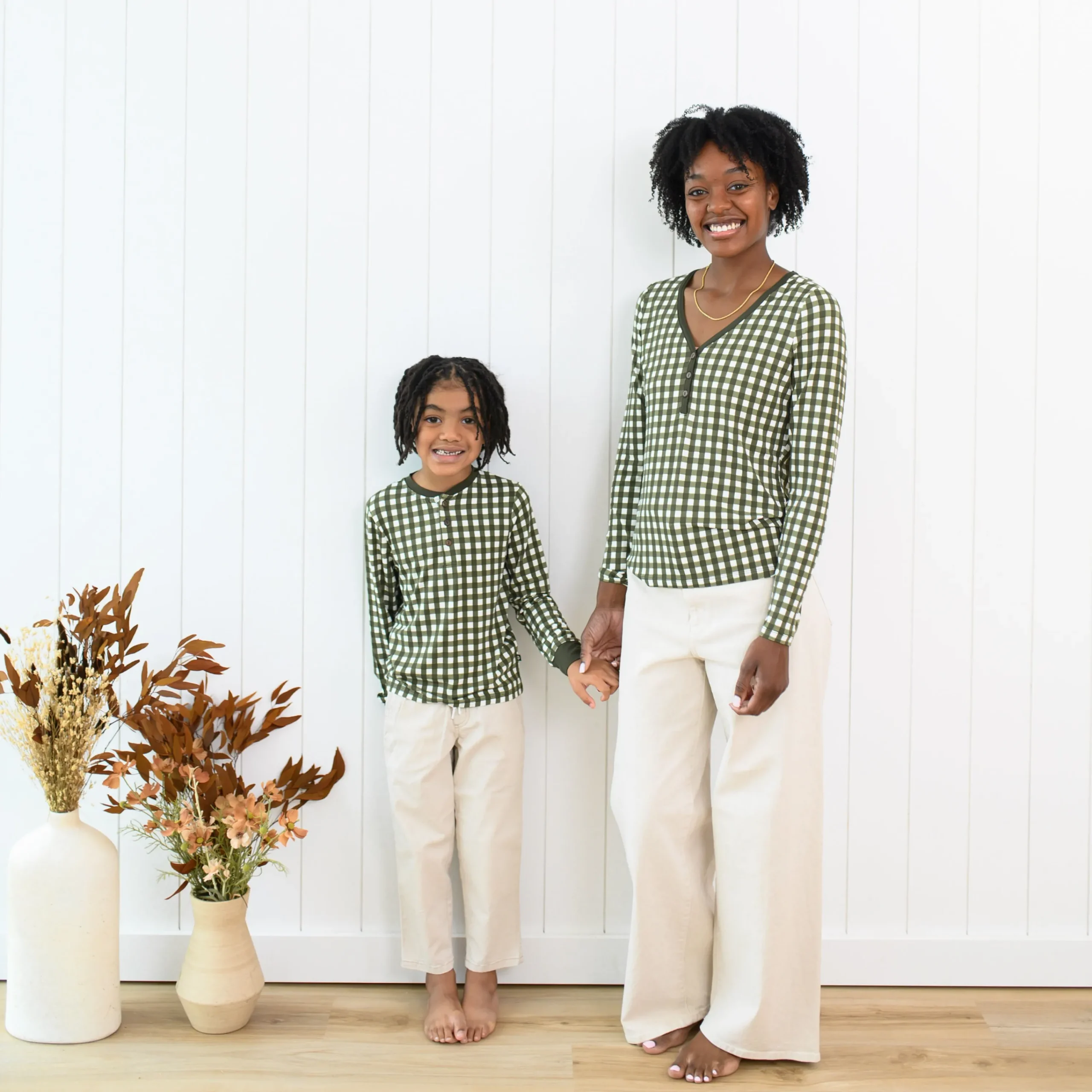 Kyte Baby Women's Long Sleeve Henley Tee in Gingham Fir Hot
