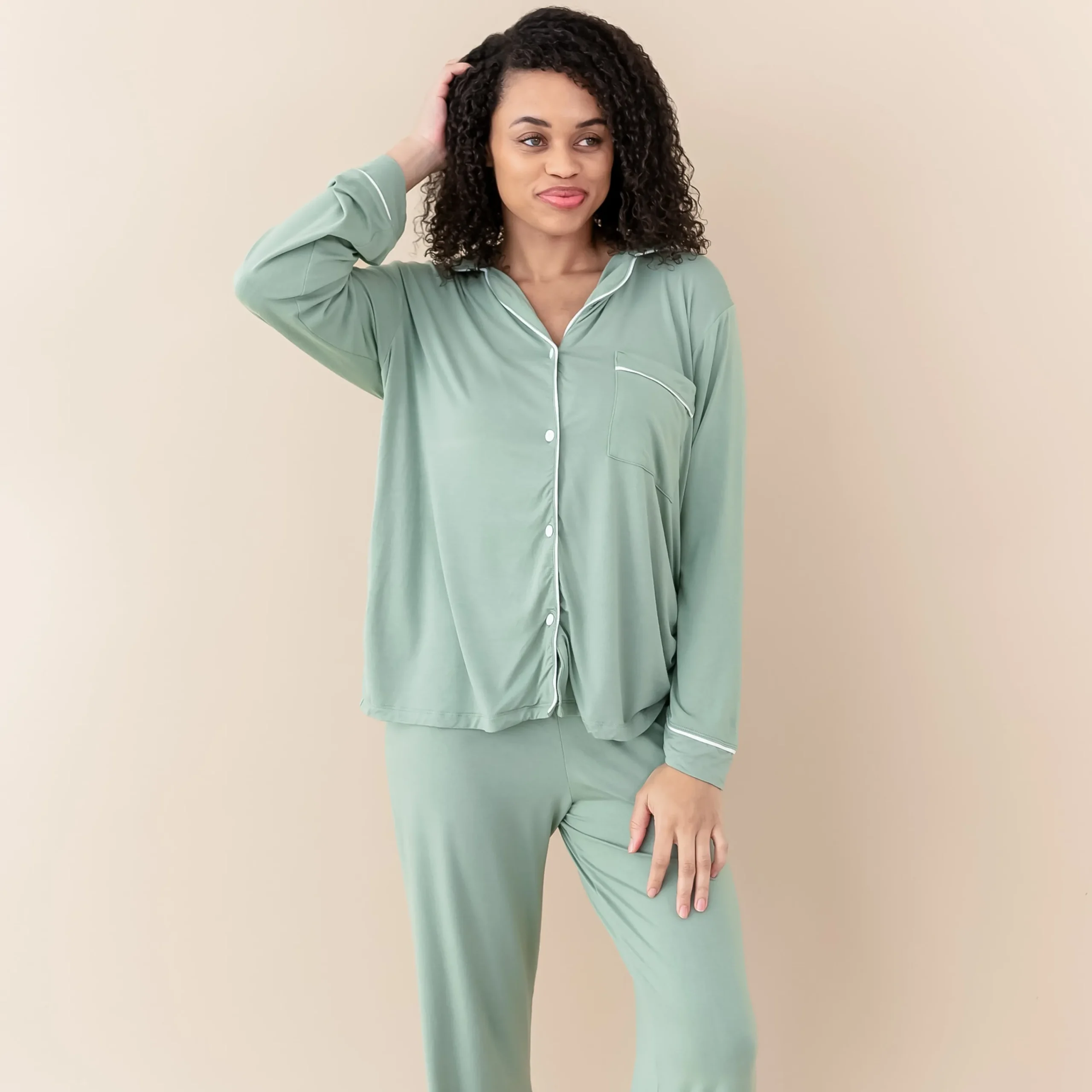 Kyte Baby Women's Long Sleeve Pajama Set in Thyme with Cloud Trim