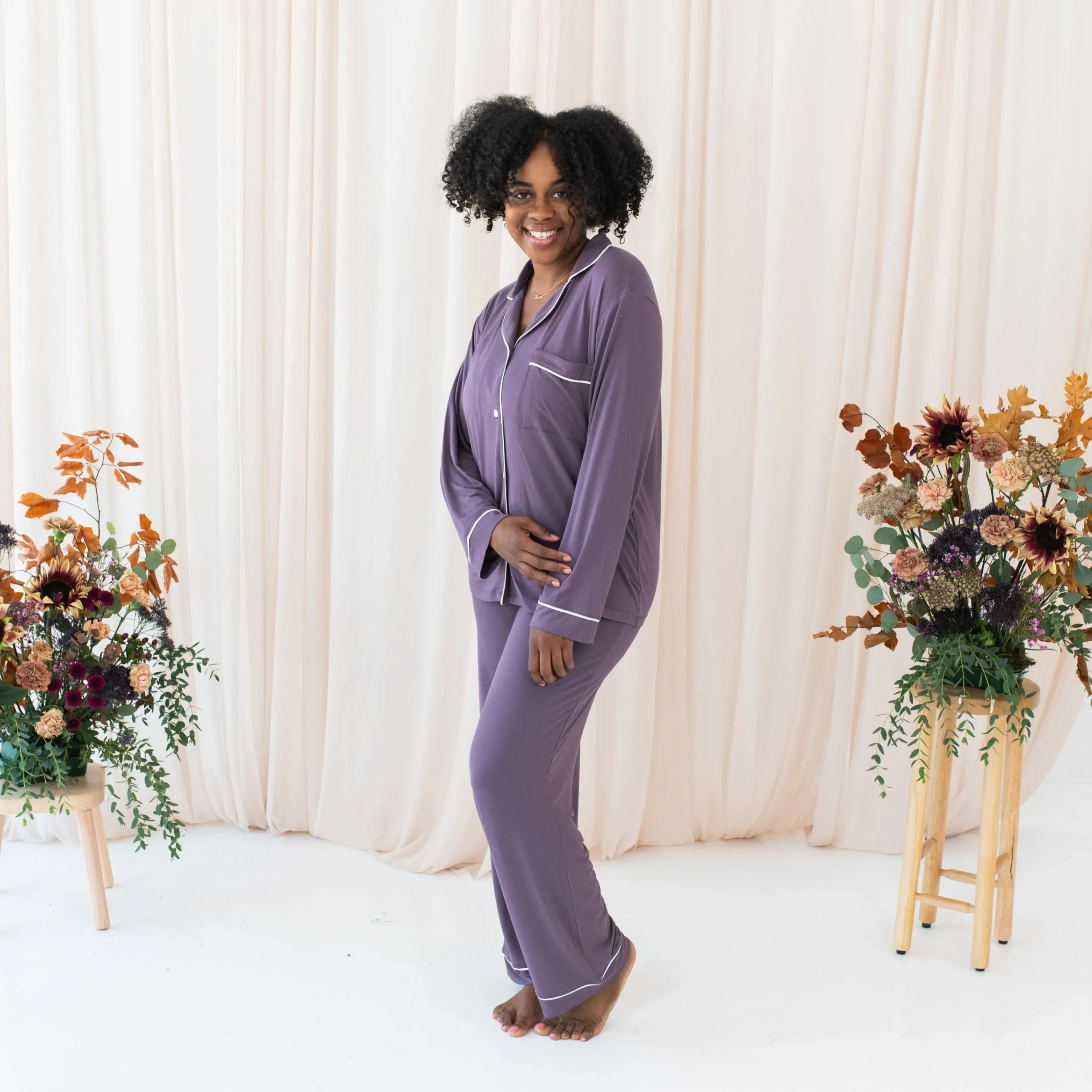 Kyte Baby Women's Long Sleeve Pajama Set in Currant with Cloud Trim Online