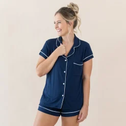 Kyte Baby Women’s Short Sleeve Pajama Set in Navy with Cloud Trim Clearance