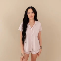 Kyte Baby Women’s Short Sleeve Pajama Set in Blush with Cloud Trim Sale