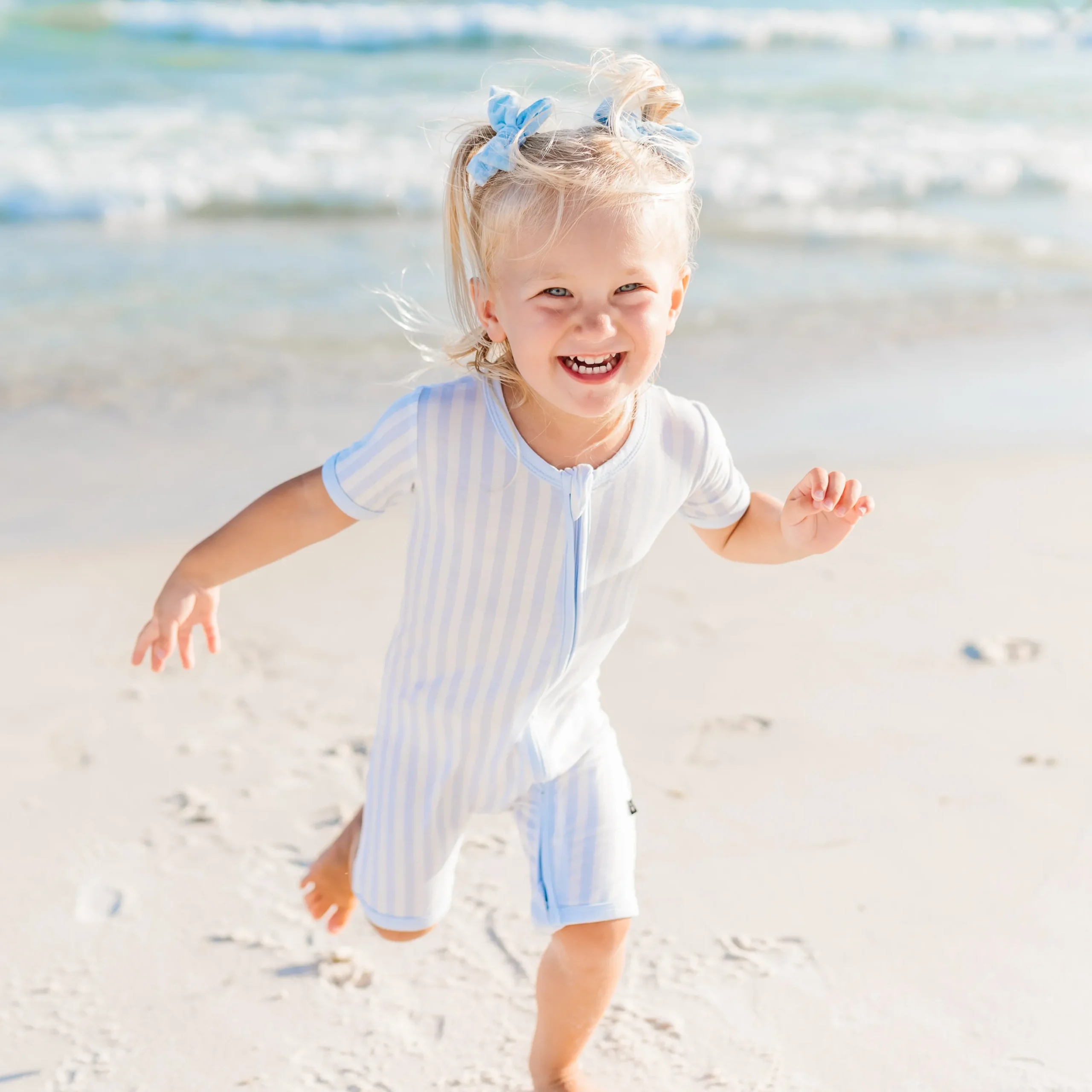 Kyte Baby Zipper Shortall Romper in Small Mist Stripe Best