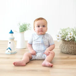 Kyte Baby Zipper Shortall Romper in Small Mist Stripe Best