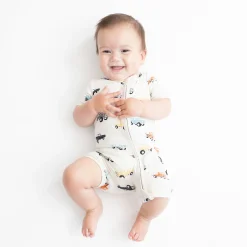 Kyte Baby Zippered Shortall Romper in Vintage Truck Clearance