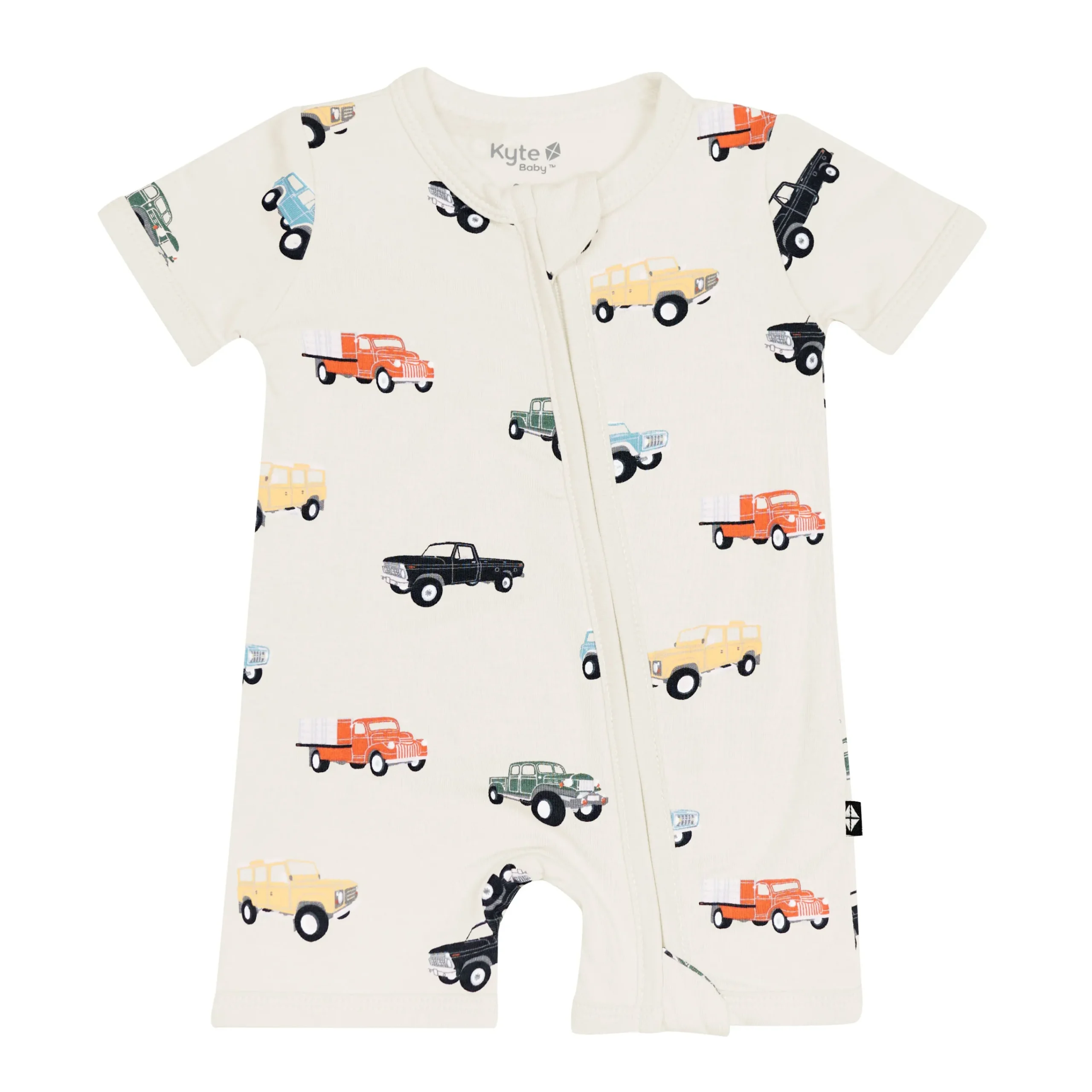 Kyte Baby Zippered Shortall Romper in Vintage Truck Clearance